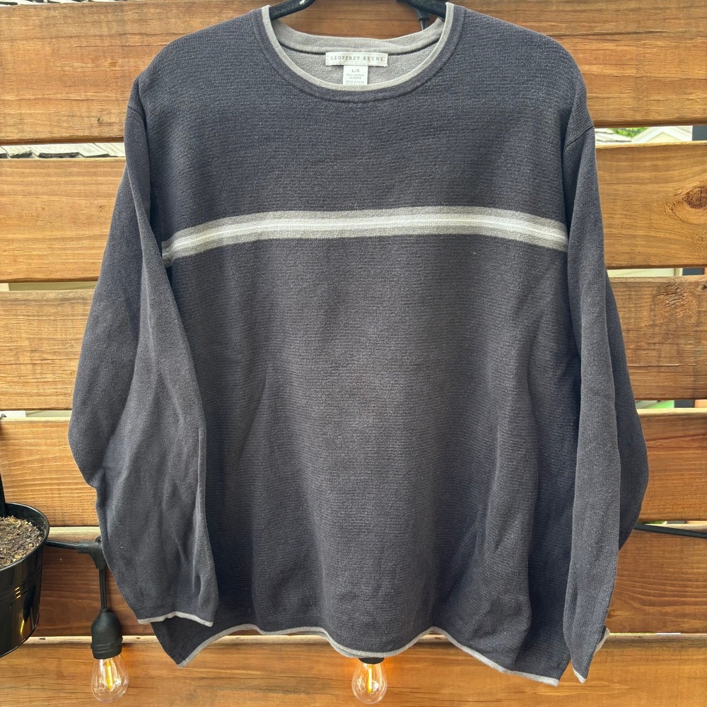 Geoffrey Beene Sweater Mens Large Gray Excellent Horizontal Stripe Crewneck